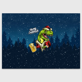 Поздравительная открытка с принтом Пивозавр Санта в Екатеринбурге, 100% бумага | плотность бумаги 280 г/м2, матовая, на обратной стороне линовка и место для марки
 | christmas | santa | дед мороз | динозавр | елка | зима | новый год | рождество | санта | снег | снежинка