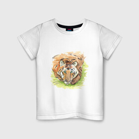 Детская футболка хлопок с принтом Портрет тигра с зелёными глазами в Екатеринбурге, 100% хлопок | круглый вырез горловины, полуприлегающий силуэт, длина до линии бедер | 2022 | глаза | животное | зверь | китайский календарь | кошка | новый год | оранжевый | полоски | символ года | тигр | хищник