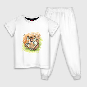 Детская пижама хлопок с принтом Портрет тигра с зелёными глазами в Екатеринбурге, 100% хлопок |  брюки и футболка прямого кроя, без карманов, на брюках мягкая резинка на поясе и по низу штанин
 | Тематика изображения на принте: 2022 | глаза | животное | зверь | китайский календарь | кошка | новый год | оранжевый | полоски | символ года | тигр | хищник