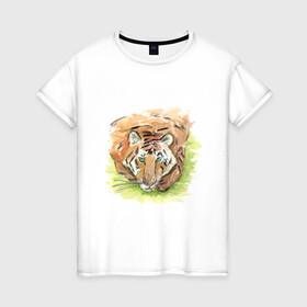 Женская футболка хлопок с принтом Портрет тигра с зелёными глазами в Екатеринбурге, 100% хлопок | прямой крой, круглый вырез горловины, длина до линии бедер, слегка спущенное плечо | 2022 | глаза | животное | зверь | китайский календарь | кошка | новый год | оранжевый | полоски | символ года | тигр | хищник