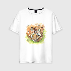 Женская футболка хлопок Oversize с принтом Портрет тигра с зелёными глазами в Екатеринбурге, 100% хлопок | свободный крой, круглый ворот, спущенный рукав, длина до линии бедер
 | 2022 | глаза | животное | зверь | китайский календарь | кошка | новый год | оранжевый | полоски | символ года | тигр | хищник