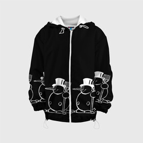 Детская куртка 3D с принтом Снеговик на черном фоне в Екатеринбурге, 100% полиэстер | застежка — молния, подол и капюшон оформлены резинкой с фиксаторами, по бокам — два кармана без застежек, один потайной карман на груди, плотность верхнего слоя — 90 г/м2; плотность флисового подклада — 260 г/м2 | Тематика изображения на принте: snowman | зима | минимализм | новый год | снеговик