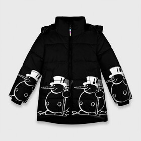 Зимняя куртка для девочек 3D с принтом Снеговик на черном фоне в Екатеринбурге, ткань верха — 100% полиэстер; подклад — 100% полиэстер, утеплитель — 100% полиэстер. | длина ниже бедра, удлиненная спинка, воротник стойка и отстегивающийся капюшон. Есть боковые карманы с листочкой на кнопках, утяжки по низу изделия и внутренний карман на молнии. 

Предусмотрены светоотражающий принт на спинке, радужный светоотражающий элемент на пуллере молнии и на резинке для утяжки. | snowman | зима | минимализм | новый год | снеговик