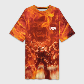 Платье-футболка 3D с принтом Hell Monster vs Doom в Екатеринбурге,  |  | demons | devil | doom | doom eternal | doom slayer | doomguy | hell | slayer | ад | демон | демоны | дум | дум гай | думгай | солдат рока