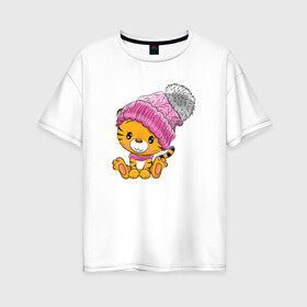 Женская футболка хлопок Oversize с принтом Милый тигренок в розовой шапочке в Екатеринбурге, 100% хлопок | свободный крой, круглый ворот, спущенный рукав, длина до линии бедер
 | 2022 | год тигра | новый год | новый год 2022 | символ года | тигр | тигренок | тигрица | тигры