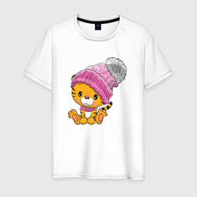 Мужская футболка хлопок с принтом Милый тигренок в розовой шапочке в Екатеринбурге, 100% хлопок | прямой крой, круглый вырез горловины, длина до линии бедер, слегка спущенное плечо. | Тематика изображения на принте: 2022 | год тигра | новый год | новый год 2022 | символ года | тигр | тигренок | тигрица | тигры