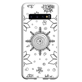 Чехол для Samsung Galaxy S10 с принтом Паттерн из простых чёрных снежинок в Екатеринбурге, Силикон | Область печати: задняя сторона чехла, без боковых панелей | Тематика изображения на принте: бесшовный | графика | зима | зимний | зимний паттерн | карандашом | паттерн | простые снежинки | снег | снегопад | снежинка | снежинки | чёрные снежинки | чёрный карандаж