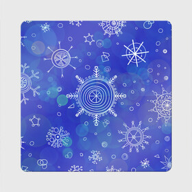 Магнит виниловый Квадрат с принтом Белые простые снежинки на синем фоне в Екатеринбурге, полимерный материал с магнитным слоем | размер 9*9 см, закругленные углы | белые снежинки | зимний | зимний паттерн | новогодний | паттерн со снежинками | светящееся снежинки | синий фон | снегопад | снегопад на синем фоне | снежинки | снежинки карандашом