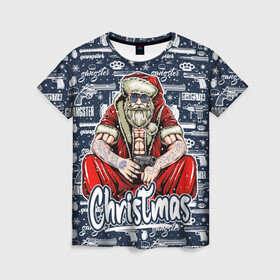 Женская футболка 3D с принтом Гангстер Санта Клаус   Santa Claus Gangster в Екатеринбурге, 100% полиэфир ( синтетическое хлопкоподобное полотно) | прямой крой, круглый вырез горловины, длина до линии бедер | christmas | бита | гангстер | дед мороз | кастет | новый год | нож | оружие | пистолет | рождество | санта | снежинка