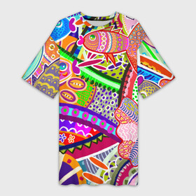 Платье-футболка 3D с принтом Разноцветные яркие рыбки на абстрактном цветном фоне в Екатеринбурге,  |  | абстрактный паттерн | абстрактный фон | абстракция | аквариум | буйство красок в океане | египетские рыбки | знак зодиака рыбы | красное море | мировой океан | паттерн из рыб | разноцветные рыбы