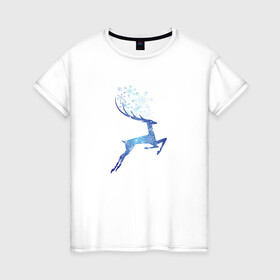 Женская футболка хлопок с принтом Снежный Волшебный Олень в Екатеринбурге, 100% хлопок | прямой крой, круглый вырез горловины, длина до линии бедер, слегка спущенное плечо | волшебный олень | животное | новый год | новый год 2022 | олень | рисунок | снежинки