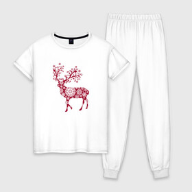 Женская пижама хлопок с принтом Снежный Олень в Екатеринбурге, 100% хлопок | брюки и футболка прямого кроя, без карманов, на брюках мягкая резинка на поясе и по низу штанин | волшебный олень | животное | новый год | олень | снежинки | снежный олень