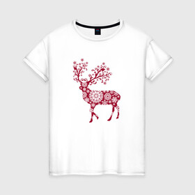Женская футболка хлопок с принтом Снежный Олень в Екатеринбурге, 100% хлопок | прямой крой, круглый вырез горловины, длина до линии бедер, слегка спущенное плечо | волшебный олень | животное | новый год | олень | снежинки | снежный олень