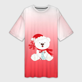 Платье-футболка 3D с принтом Белый мишка с подарком в Екатеринбурге,  |  | белый мишка | градиент | зима | коробочка | медведь | милота | нейтральный | новый год | подарок | полярный мишка | рисунок | снежинка | сюрприз | шапочка