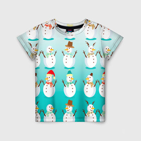 Детская футболка 3D с принтом Веселые снеговички узор в Екатеринбурге, 100% гипоаллергенный полиэфир | прямой крой, круглый вырез горловины, длина до линии бедер, чуть спущенное плечо, ткань немного тянется | Тематика изображения на принте: 2022 | веселье | градиент | зима | новый год | праздники | снег | снеговики | снеговички | традиции | узор | узорчик