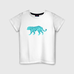 Детская футболка хлопок с принтом водяной тигр 2022 в Екатеринбурге, 100% хлопок | круглый вырез горловины, полуприлегающий силуэт, длина до линии бедер | 2022зима | blue water tiger | year of the tiger | водный тигр | год тигра | ёлка | кошка | новыйгод | синие полоски | тигр
