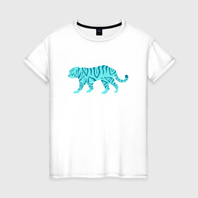 Женская футболка хлопок с принтом водяной тигр 2022 в Екатеринбурге, 100% хлопок | прямой крой, круглый вырез горловины, длина до линии бедер, слегка спущенное плечо | 2022зима | blue water tiger | year of the tiger | водный тигр | год тигра | ёлка | кошка | новыйгод | синие полоски | тигр