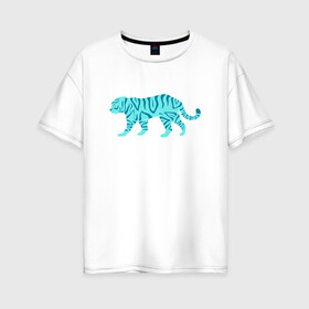 Женская футболка хлопок Oversize с принтом водяной тигр 2022 в Екатеринбурге, 100% хлопок | свободный крой, круглый ворот, спущенный рукав, длина до линии бедер
 | 2022зима | blue water tiger | year of the tiger | водный тигр | год тигра | ёлка | кошка | новыйгод | синие полоски | тигр