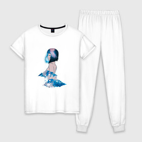 Женская пижама хлопок с принтом Nebula girl в Екатеринбурге, 100% хлопок | брюки и футболка прямого кроя, без карманов, на брюках мягкая резинка на поясе и по низу штанин | Тематика изображения на принте: anime | clouds | girl | nebula | space | аниме | астрология | девушка | космос | облака