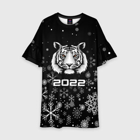 Детское платье 3D с принтом Новогодний тиг 2022 со снежинками. в Екатеринбурге, 100% полиэстер | прямой силуэт, чуть расширенный к низу. Круглая горловина, на рукавах — воланы | 2022 | merry christmas | год тигра | нг | новогодний тигр | новогодняя символика | новый год | рождество | символ 2022 года | снежинки | тигр