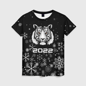 Женская футболка 3D с принтом Новогодний тиг 2022 со снежинками. в Екатеринбурге, 100% полиэфир ( синтетическое хлопкоподобное полотно) | прямой крой, круглый вырез горловины, длина до линии бедер | 2022 | merry christmas | год тигра | нг | новогодний тигр | новогодняя символика | новый год | рождество | символ 2022 года | снежинки | тигр
