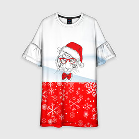 Детское платье 3D с принтом Новогодний тигр в сугробе снега. в Екатеринбурге, 100% полиэстер | прямой силуэт, чуть расширенный к низу. Круглая горловина, на рукавах — воланы | 2022 | merry christmas | год тигра | нг | новогодний тигр | новогодняя символика | новый год | рождество | символ 2022 года | снежинки | тигр