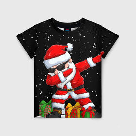 Детская футболка 3D с принтом SANTA, DAB в Екатеринбурге, 100% гипоаллергенный полиэфир | прямой крой, круглый вырез горловины, длина до линии бедер, чуть спущенное плечо, ткань немного тянется | 2021 | 2022 | bad | christmas | dab | happy | merry | merry christmas | new year | santa | snow | sweater | ugly christmas | winter | деб | дэб | зима | новогодний | новогодняя | новый год | рождественский | рождественский свитер | рождеств