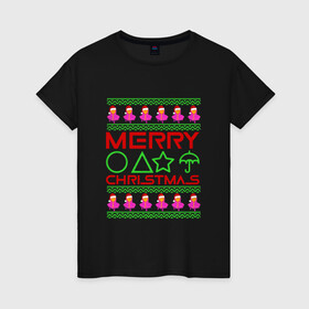 Женская футболка хлопок с принтом Merry Christmas Squid Game в Екатеринбурге, 100% хлопок | прямой крой, круглый вырез горловины, длина до линии бедер, слегка спущенное плечо | 2022 | merry christmas | squid game | squid game new year | игра в кальмара | новогодняя игра в кальмара | новый год | новый год 2022 | паттерн игра в кальмара | рождество | с рождеством | сериал игра в кальмара