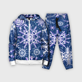 Детский костюм 3D с принтом Белые снежинки на темно синем фоне в Екатеринбурге,  |  | белое на темном | белые снежинки | зима | зимний мотив | зимний паттерн | зимний узор | зимняя | падают снежинки | паттерн снежинки | снег | снегопад | снежинки | снежная | темно синий