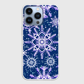 Чехол для iPhone 13 Pro с принтом Белые снежинки на темно синем фоне в Екатеринбурге,  |  | белое на темном | белые снежинки | зима | зимний мотив | зимний паттерн | зимний узор | зимняя | падают снежинки | паттерн снежинки | снег | снегопад | снежинки | снежная | темно синий