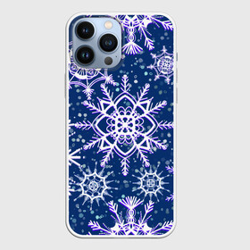 Чехол для iPhone 13 Pro Max с принтом Белые снежинки на темно синем фоне в Екатеринбурге,  |  | белое на темном | белые снежинки | зима | зимний мотив | зимний паттерн | зимний узор | зимняя | падают снежинки | паттерн снежинки | снег | снегопад | снежинки | снежная | темно синий