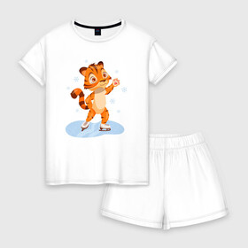 Женская пижама с шортиками хлопок с принтом Тигр катается на коньках в Екатеринбурге, 100% хлопок | футболка прямого кроя, шорты свободные с широкой мягкой резинкой | 2022 | год тигра | новый год | новый год 2022 | символ года | тигр | тигренок | тигрица | тигры