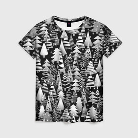 Женская футболка 3D с принтом Лес абстрактных ёлок в Екатеринбурге, 100% полиэфир ( синтетическое хлопкоподобное полотно) | прямой крой, круглый вырез горловины, длина до линии бедер | абстракция | ёлка | ель | лес | новогодний | новый год | паттерн | рождество | снег | снежинки | чернобелый