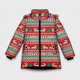 Зимняя куртка для девочек 3D с принтом Deer Christmas Pattern в Екатеринбурге, ткань верха — 100% полиэстер; подклад — 100% полиэстер, утеплитель — 100% полиэстер. | длина ниже бедра, удлиненная спинка, воротник стойка и отстегивающийся капюшон. Есть боковые карманы с листочкой на кнопках, утяжки по низу изделия и внутренний карман на молнии. 

Предусмотрены светоотражающий принт на спинке, радужный светоотражающий элемент на пуллере молнии и на резинке для утяжки. | Тематика изображения на принте: background | christmas | christmas pattern | deer | herringbone | holiday | knitted pattern | new year | pattern | texture | tree | вязаный узор | елка | елочка | новогодний узор | новый год | олени | паттерн | праздник | рождество | текстура | узор | фон