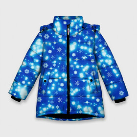Зимняя куртка для девочек 3D с принтом Сверкающие снежинки в Екатеринбурге, ткань верха — 100% полиэстер; подклад — 100% полиэстер, утеплитель — 100% полиэстер. | длина ниже бедра, удлиненная спинка, воротник стойка и отстегивающийся капюшон. Есть боковые карманы с листочкой на кнопках, утяжки по низу изделия и внутренний карман на молнии. 

Предусмотрены светоотражающий принт на спинке, радужный светоотражающий элемент на пуллере молнии и на резинке для утяжки. | blue | christmas | cold | ice | new year | snow | snowflakes | stars | winter | блеск | звезды | зима | зимний орнамент | иней | космические снежинки | кристаллы | лед | мороз | новогодний узор | новый год | подарок | рождество