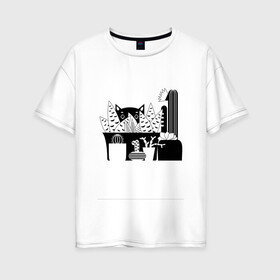 Женская футболка хлопок Oversize с принтом Кот в кактусах ЧБ в Екатеринбурге, 100% хлопок | свободный крой, круглый ворот, спущенный рукав, длина до линии бедер
 | дома | домашние растения | кактус цветет | кактусы | котики | прятки | суккуленты | уютный