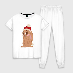 Женская пижама хлопок с принтом Новогодний зайчик 2022 в Екатеринбурге, 100% хлопок | брюки и футболка прямого кроя, без карманов, на брюках мягкая резинка на поясе и по низу штанин | 2022 | заяц | кролик | новый год