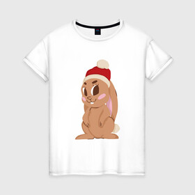 Женская футболка хлопок с принтом Новогодний зайчик 2022 в Екатеринбурге, 100% хлопок | прямой крой, круглый вырез горловины, длина до линии бедер, слегка спущенное плечо | 2022 | заяц | кролик | новый год
