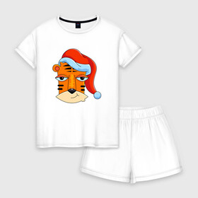Женская пижама с шортиками хлопок с принтом Забавный тигр 2022 в Екатеринбурге, 100% хлопок | футболка прямого кроя, шорты свободные с широкой мягкой резинкой | 2022 | год тигра | новый год | новый год 2022 | символ года | тигр | тигренок | тигрица | тигры
