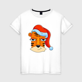 Женская футболка хлопок с принтом Забавный тигр 2022 в Екатеринбурге, 100% хлопок | прямой крой, круглый вырез горловины, длина до линии бедер, слегка спущенное плечо | 2022 | год тигра | новый год | новый год 2022 | символ года | тигр | тигренок | тигрица | тигры