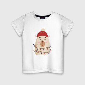 Детская футболка хлопок с принтом Медведь в гирляндах в Екатеринбурге, 100% хлопок | круглый вырез горловины, полуприлегающий силуэт, длина до линии бедер | 2022 | год тигра | новый год | новый год 2022 | символ года | тигр | тигренок | тигрица | тигры