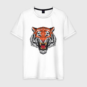 Мужская футболка хлопок с принтом Сердитый тигр 2022 год в Екатеринбурге, 100% хлопок | прямой крой, круглый вырез горловины, длина до линии бедер, слегка спущенное плечо. | 2022 год тигра | год тигра | китайский | новый год | полосатый | с принтом тигра | с символом | с тигром | сердитый | тигр