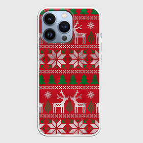 Чехол для iPhone 13 Pro с принтом вязаный принт с оленями в Екатеринбурге,  |  | christmas | deer | knitted | new year | print | red | snow | trees | white | wintry | белый | вязаный | елки | зимний | красный | новый год | олени | олень | принт | рождество | снег | снежинка