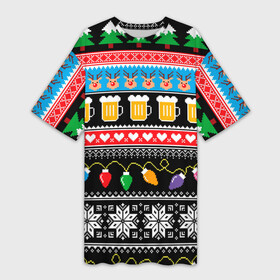 Платье-футболка 3D с принтом НОВОГОДНИЙ УЗОР С ПИВОМ И ОЛЕНЯМИ в Екатеринбурге,  |  | beer | christmas | new year | snow | winter | вязанный | зима | новый год | олени | праздник | свитер | снег | узор