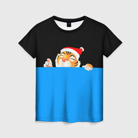 Женская футболка 3D с принтом ГОД ТИГРА (2022) в Екатеринбурге, 100% полиэфир ( синтетическое хлопкоподобное полотно) | прямой крой, круглый вырез горловины, длина до линии бедер | 2022 | merry christmas | год тигра | нг | новогодний тигр | новогодняя символика | новый год | рождество | символ 2022 года | снежинки | тигр