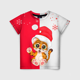 Детская футболка 3D с принтом НОВЫЙ ГОД | ТИГР | СНЕЖИНКИ в Екатеринбурге, 100% гипоаллергенный полиэфир | прямой крой, круглый вырез горловины, длина до линии бедер, чуть спущенное плечо, ткань немного тянется | 2022 | merry christmas | год тигра | нг | новогодний тигр | новогодняя символика | новый год | рождество | символ 2022 года | снежинки | тигр