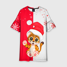 Детское платье 3D с принтом НОВЫЙ ГОД | ТИГР | СНЕЖИНКИ в Екатеринбурге, 100% полиэстер | прямой силуэт, чуть расширенный к низу. Круглая горловина, на рукавах — воланы | Тематика изображения на принте: 2022 | merry christmas | год тигра | нг | новогодний тигр | новогодняя символика | новый год | рождество | символ 2022 года | снежинки | тигр