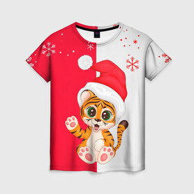Женская футболка 3D с принтом НОВЫЙ ГОД | ТИГР | СНЕЖИНКИ в Екатеринбурге, 100% полиэфир ( синтетическое хлопкоподобное полотно) | прямой крой, круглый вырез горловины, длина до линии бедер | 2022 | merry christmas | год тигра | нг | новогодний тигр | новогодняя символика | новый год | рождество | символ 2022 года | снежинки | тигр