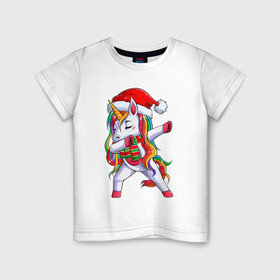 Детская футболка хлопок с принтом Новогодний Единорог Даб в Екатеринбурге, 100% хлопок | круглый вырез горловины, полуприлегающий силуэт, длина до линии бедер | christmas | dabbing | santa | unicorn | даббинг | дед мороз | единорог | новый год | радуга | радужный | рождество | санта | снежинка | юникорн