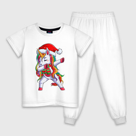 Детская пижама хлопок с принтом Новогодний Единорог Даб в Екатеринбурге, 100% хлопок |  брюки и футболка прямого кроя, без карманов, на брюках мягкая резинка на поясе и по низу штанин
 | christmas | dabbing | santa | unicorn | даббинг | дед мороз | единорог | новый год | радуга | радужный | рождество | санта | снежинка | юникорн